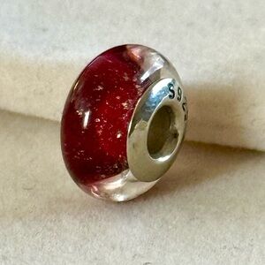 Elegant Red Murano Glass Charm fir gold sparkles accent fit Pandora bracelets